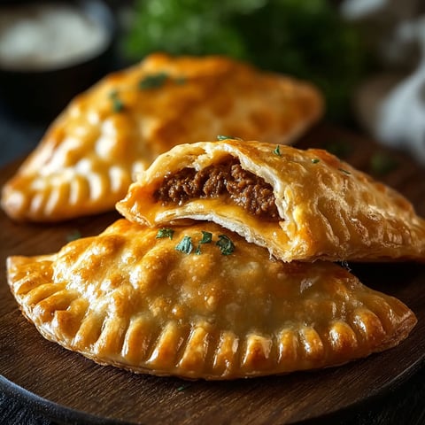Two beef and cheese empanadas on a wooden table.