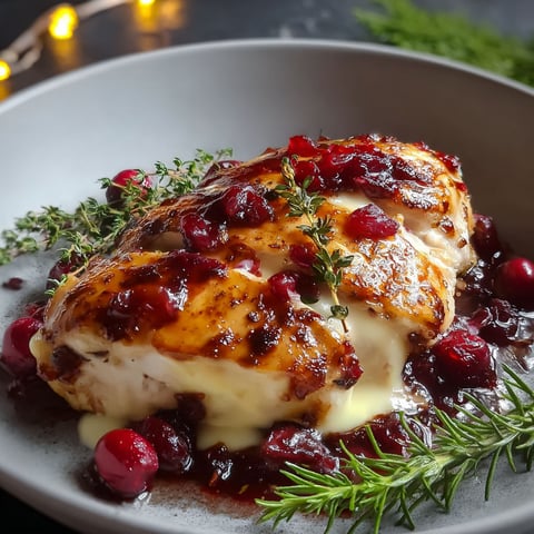 A plate of chicken with cranberries and cheese.