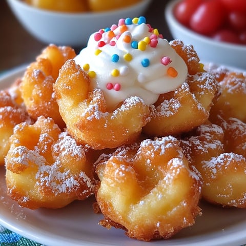 A plate of funnel cake bites with a dollop of whipped cream on top.