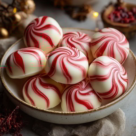 A bowl of red and white striped peppermints.