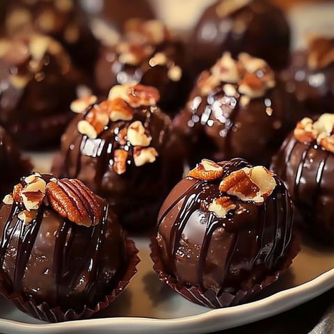 A plate of chocolate covered pecan pie balls.