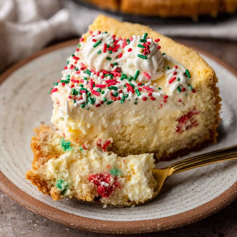 A slice of cheesecake with white frosting and red and green sprinkles.