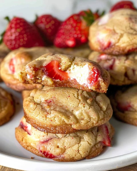 A plate of strawberry cheesecake cookies.