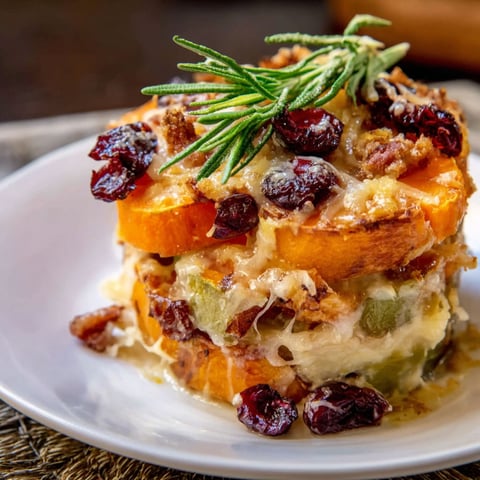 A white plate with a sweet potato and cranberry gratin.