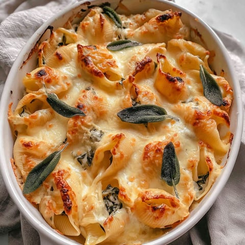 A dish of pumpkin and gouda stuffed shells with brown butter and sage alfredo sauce.