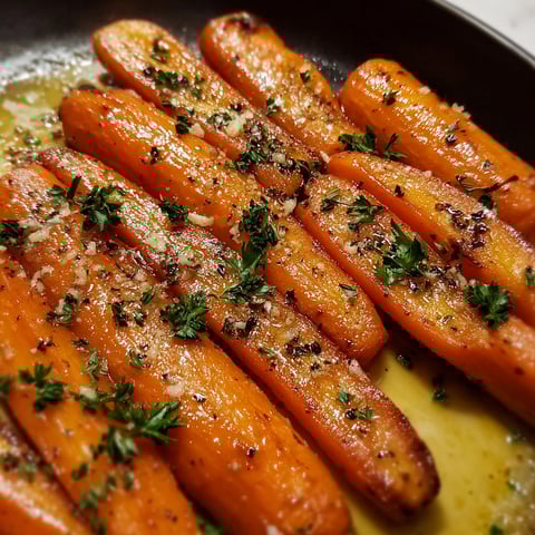 A pan of roasted carrots with honey and garlic butter.