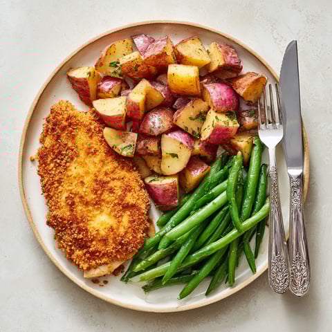 A plate of food with chicken, potatoes, and green beans.