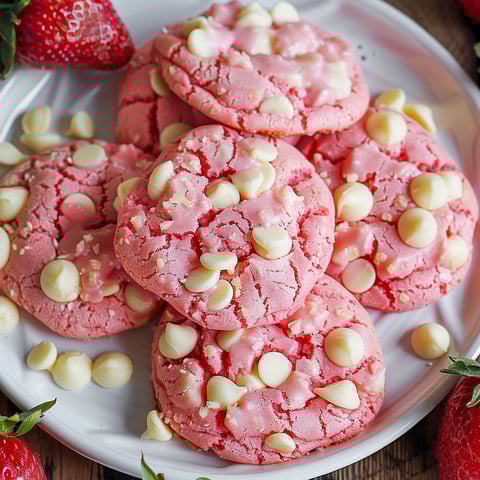 A plate of pink cookies with white chips and strawberries.