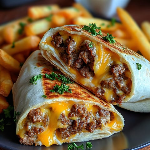 A plate of cheesy beef burritos with fries.