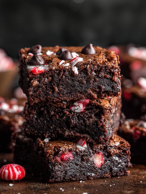 A stack of brownies with white and red sprinkles.
