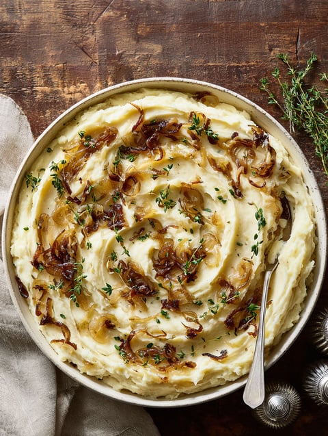 A dish of mashed potatoes with onions.