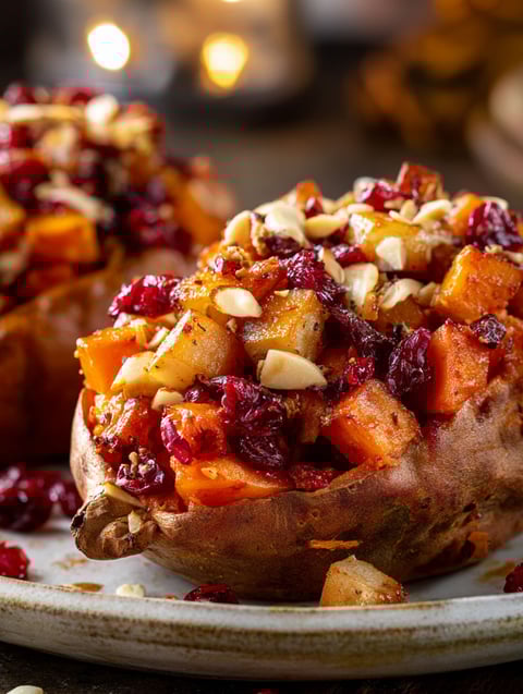 A plate of sweet potatoes with cranberries and almonds on top.