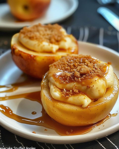 Two baked apples filled with cheesecake.