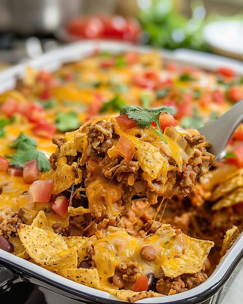 A close up of a delicious Walking Taco Casserole.