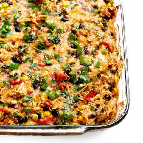 A dish of chicken burrito casserole.