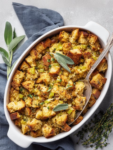 A bowl of stuffing with a spoon in it.