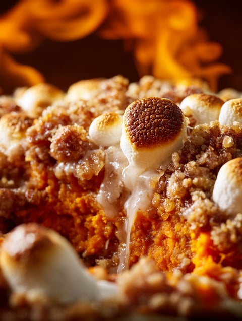 A close up of a sweet potato casserole with marshmallows on top.
