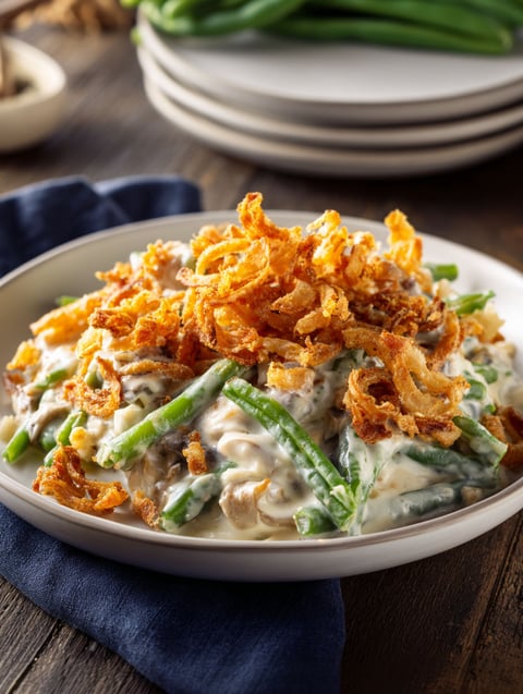 A plate of food with green beans and cheese.
