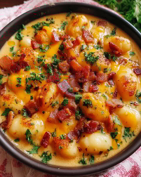 A bowl of creamy turkey bacon cheddar gnocchi soup.