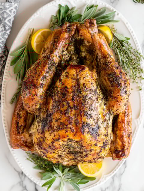 A roasted turkey with lemon and herbs.