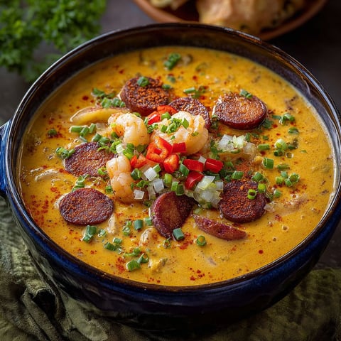 A bowl of Cajun Potato Soup with shrimp and red peppers.