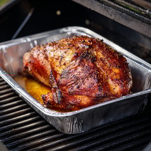 A smoked turkey breast in a silver pan.