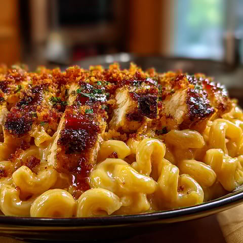 A plate of honey BBQ chicken mac & cheese.