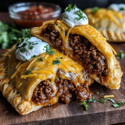 Two loaded taco stuffed cheesy pockets on a wooden table.