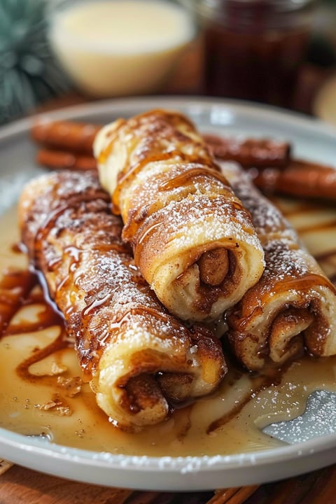A plate of cinnamon roll french toast roll-ups.