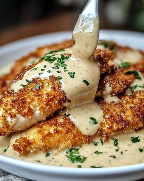 A plate of Parmesan crusted chicken with creamy garlic sauce.