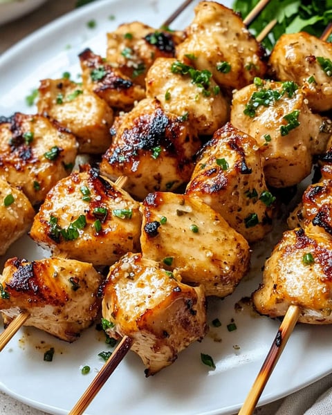 Parmesan chicken skewers on a plate.