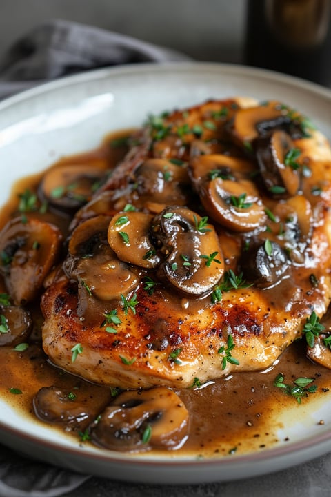A plate of chicken with mushrooms and a brown sauce.