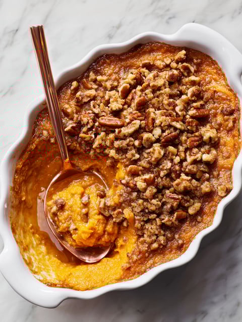A spoon is in a bowl of sweet potato souffle.