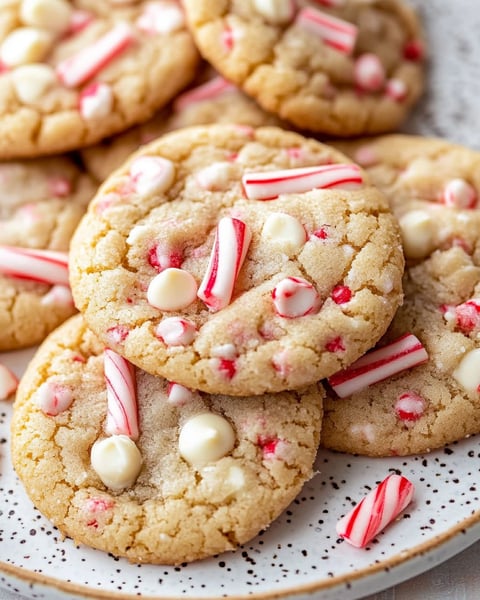 A plate of white chocolate candy cane cookies.