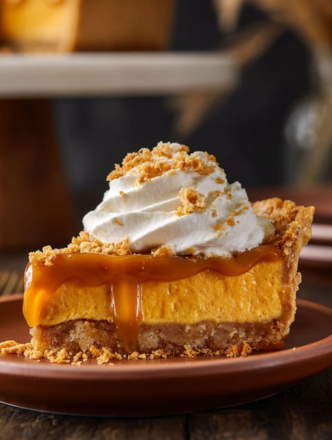 A slice of pumpkin caramel pie with whipped cream on top.