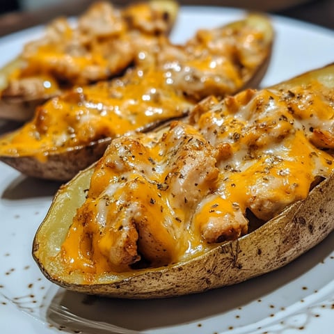 A plate of cheesy chicken potato skins.