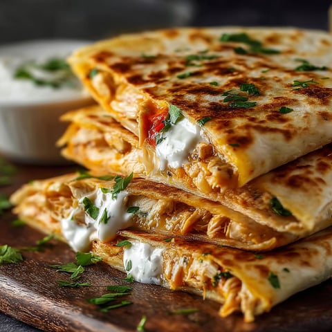 A stack of chicken quesadillas on a wooden cutting board.