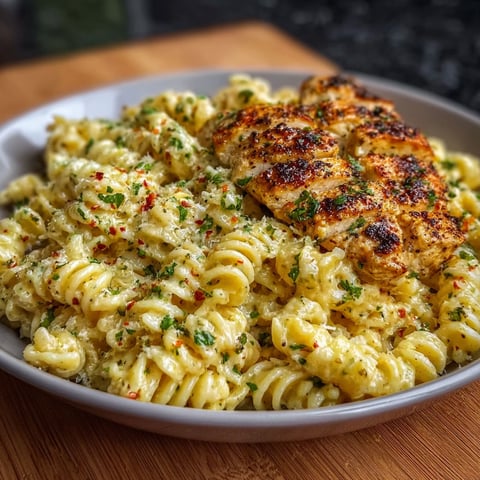 A bowl of pasta with chicken and garlic.