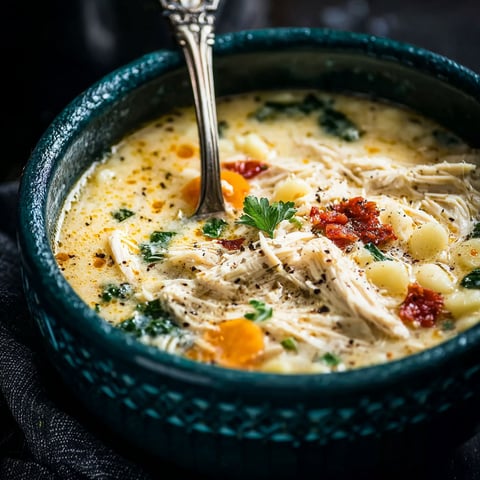 A bowl of soup with a spoon in it.