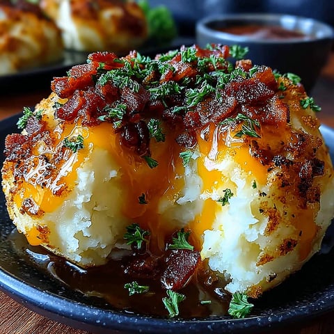 A plate of mashed potatoes with bacon on top.