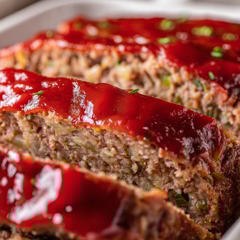 A close up of a meatloaf with a glaze.