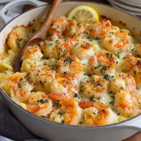 A dish of shrimp scampi pasta bake with a lemon wedge on top.