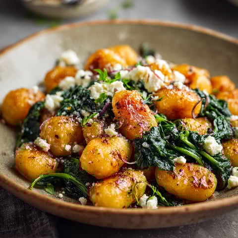 A bowl of crispy gnocchi with spinach and feta.