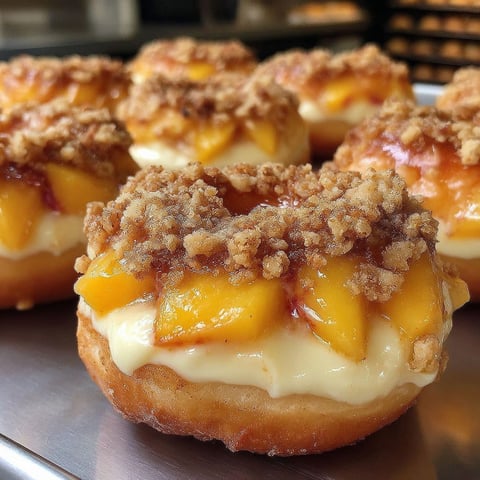 Peach cobbler cheesecake donuts on a plate.