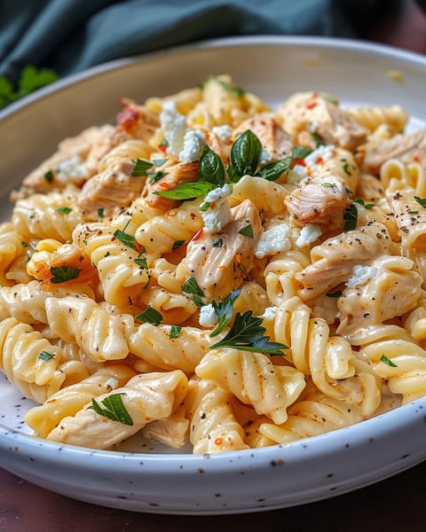 A bowl of creamy chicken feta pasta.