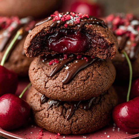 A stack of chocolate cherry cookies.