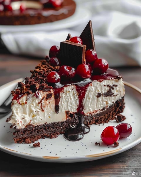 A slice of Black Forest Cheesecake with chocolate sauce and cherries.