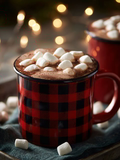 A red cup of hot chocolate with marshmallows on top.