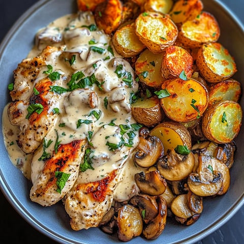 A plate of chicken with mushrooms and potatoes.