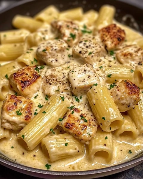 A plate of rigatoni with chicken and garlic butter.